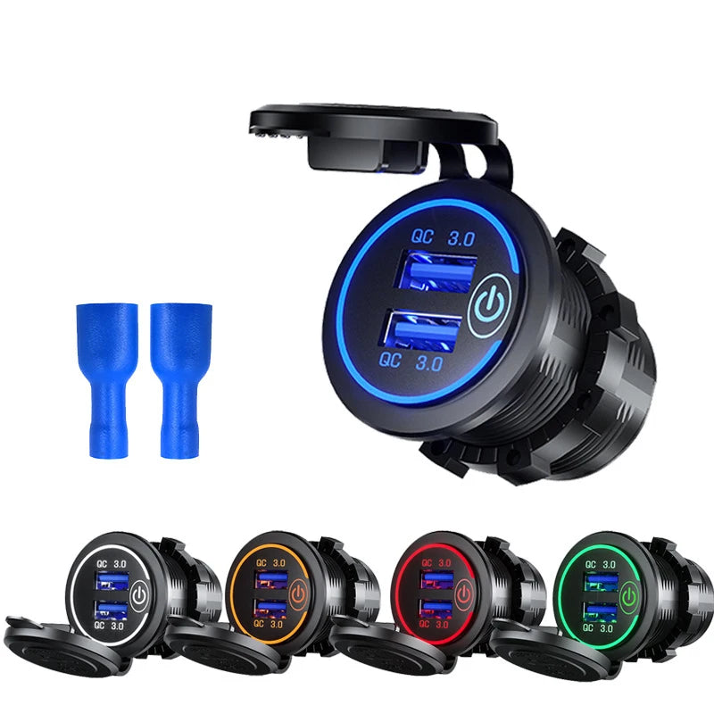 Quick Charge Dual USB Ports Car Charger Waterpoof Fast Charging Socket Power Outlet with LED Light for Motorcycle Car Charge