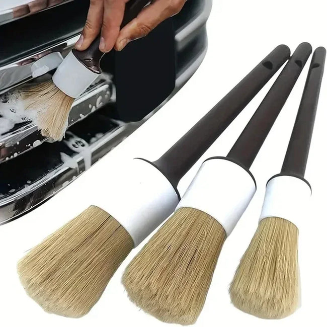 3 pçs exterior do carro detalhe interior escova de cerdas de cabelo de javali para limpeza do carro ferramentas detalhe automático escova de limpeza do painel
