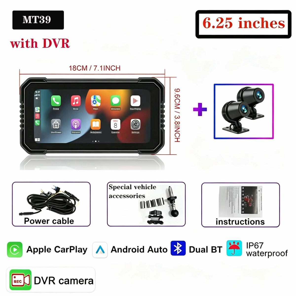 Navegação para Motocicleta à Prova d'Água IP67 de 6.25" para Triumph Daytona 660, Gravador de Vídeo 4K, Carplay Sem Fio, Android Auto, Monitor para Moto