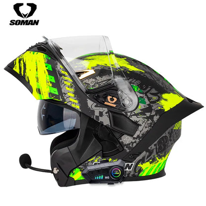 Soman flip up capacete da motocicleta rosto cheio dot capacete da motocicleta lente de viseira dupla corrida casco moto capacete bluetooth