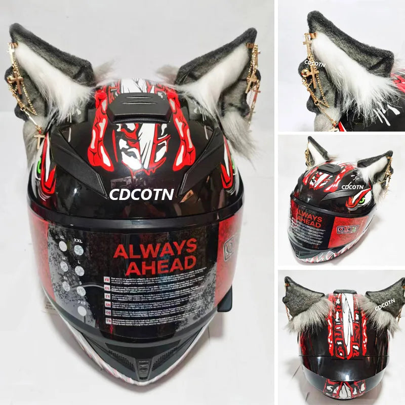 Decoração de capacete elétrico de motocicleta, 3d estéreo, orelhas de lobo, pelúcia dobrável, acessórios de capacete de moto, adesivos, estilo cosplay