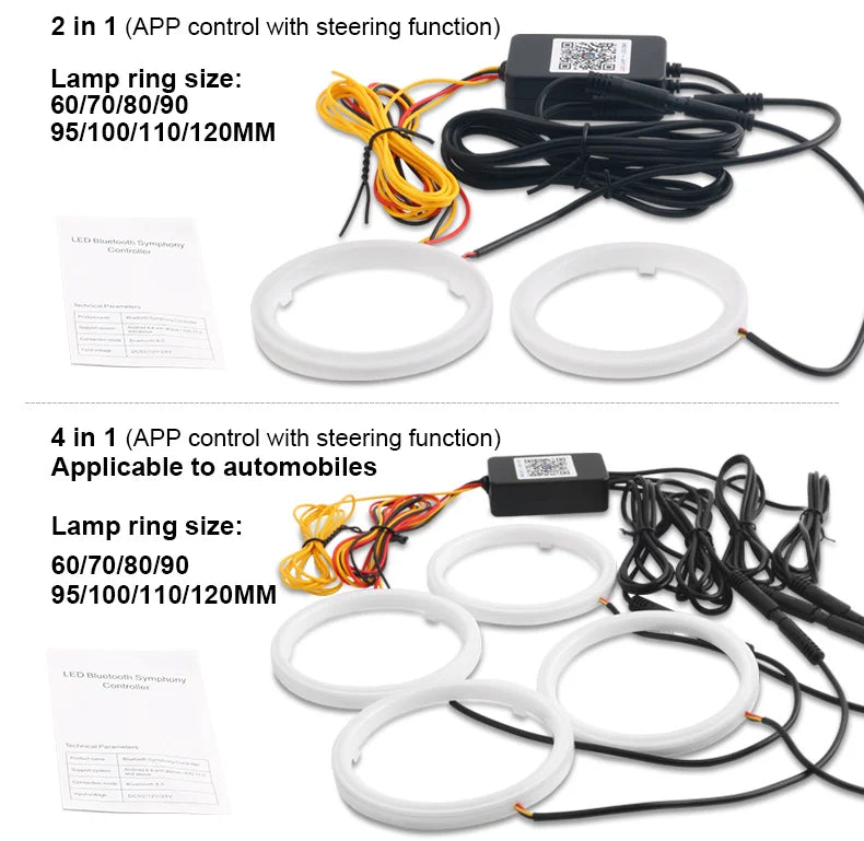 2PCS RGB Angel Eyes Halo Rings Lights with Turn Signal Lights APP Bluetooth LED Motorcycle Retrofit DRL Car Headlight 12V 24V