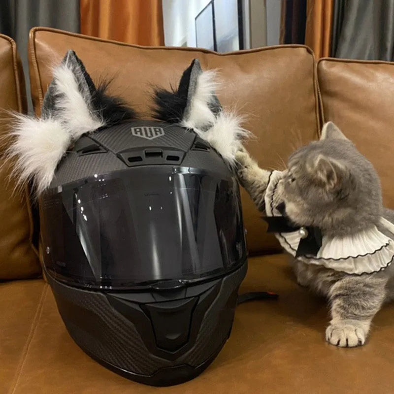 Decoração de capacete elétrico de motocicleta, 3d estéreo, orelhas de lobo, pelúcia dobrável, acessórios de capacete de moto, adesivos, estilo cosplay