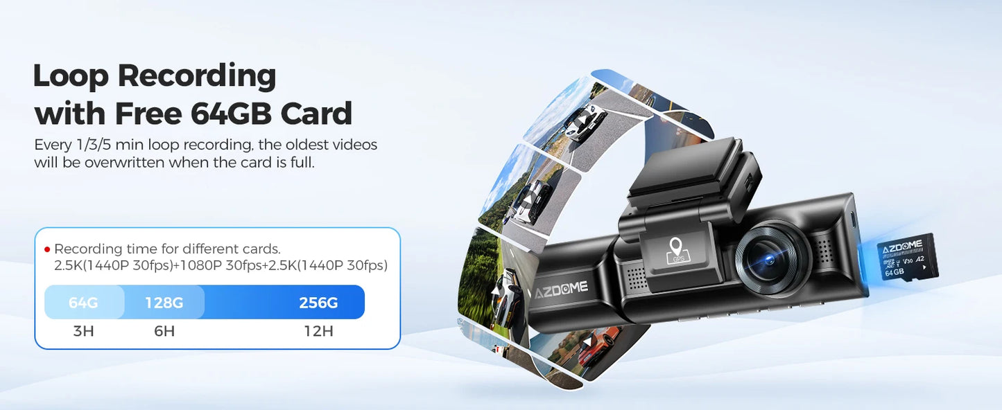 AZDOME M550 3 Channel Dash Cam 2.5K+1080P+2.5K WDR Car Dash Camera 3.19" IPS Screen Car DVR Built-in WiFi GPS IR Night Vision