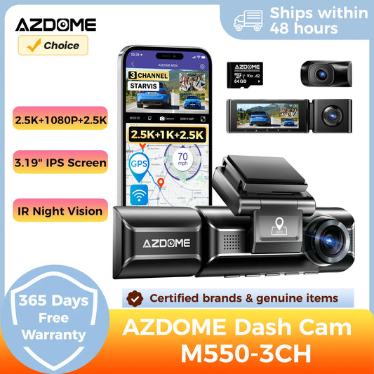 AZDOME M550 3 Channel Dash Cam 2.5K+1080P+2.5K WDR Car Dash Camera 3.19" IPS Screen Car DVR Built-in WiFi GPS IR Night Vision