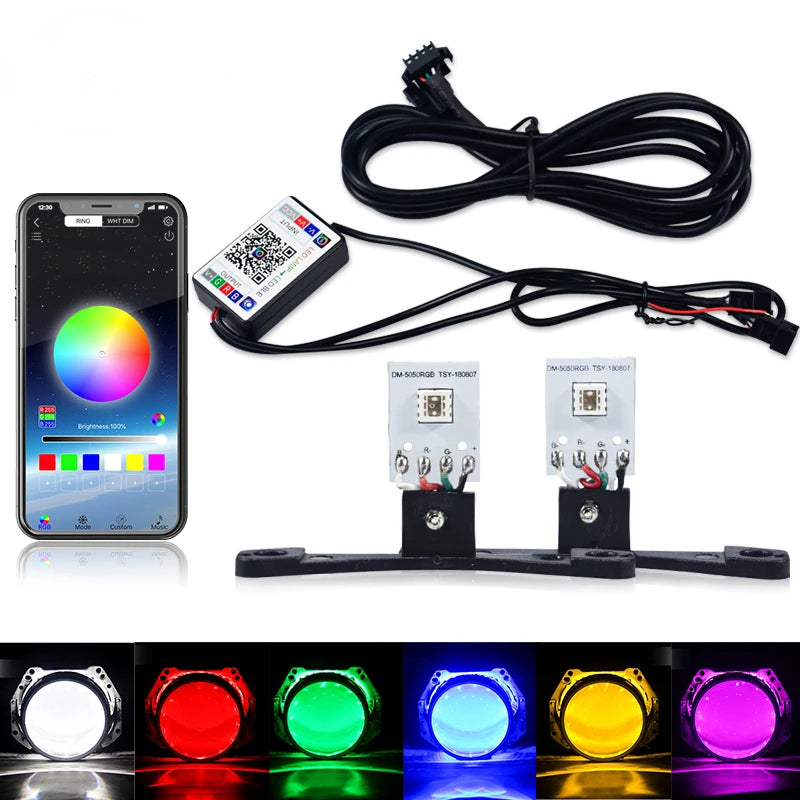 Car Led Devil Eye LED Bluetooth-compatible APP RGB Demon Evil Eyes DRL 2.5 Headlights Motorcycle Mini Projector Lens Accessories