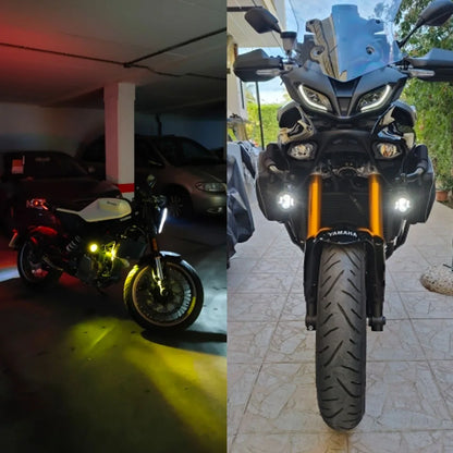 Par 100w farol da motocicleta luzes de nevoeiro led auxiliar luz condução farol dupla cor pisca farol moto nevoeiro lâmpada.