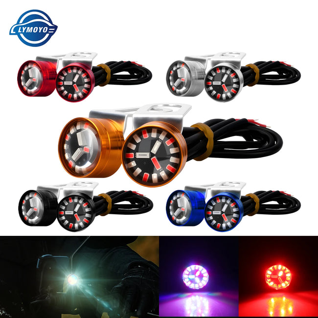 2PCS Luzes LED Estroboscópicas para Motocicleta, 3 Cores, Luzes de Olho de Águia com Suportes, Luzes de Rodagem Diurna para Acessórios de Motocicleta