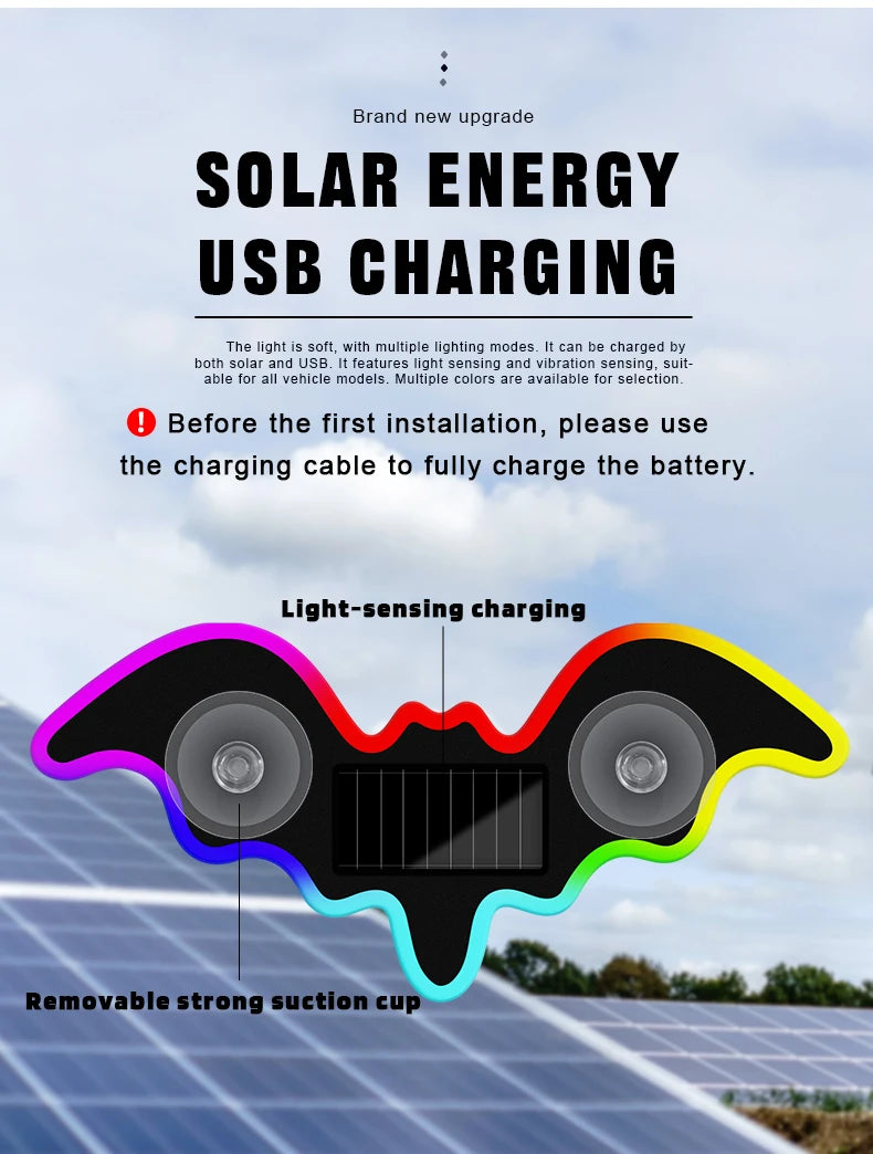 Luz Atmosférica Solar Universal em Forma de Morcego, LED Dinâmico com Gradiente, Acessório de Decoração para Interior de Carro RGB