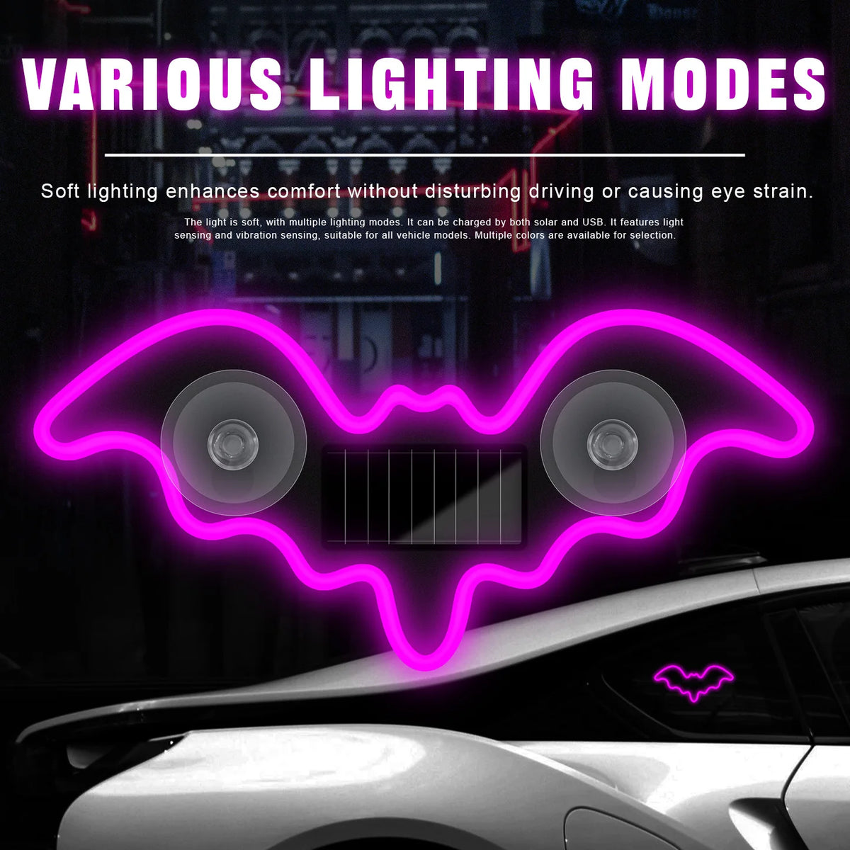 Luz Atmosférica Solar Universal em Forma de Morcego, LED Dinâmico com Gradiente, Acessório de Decoração para Interior de Carro RGB