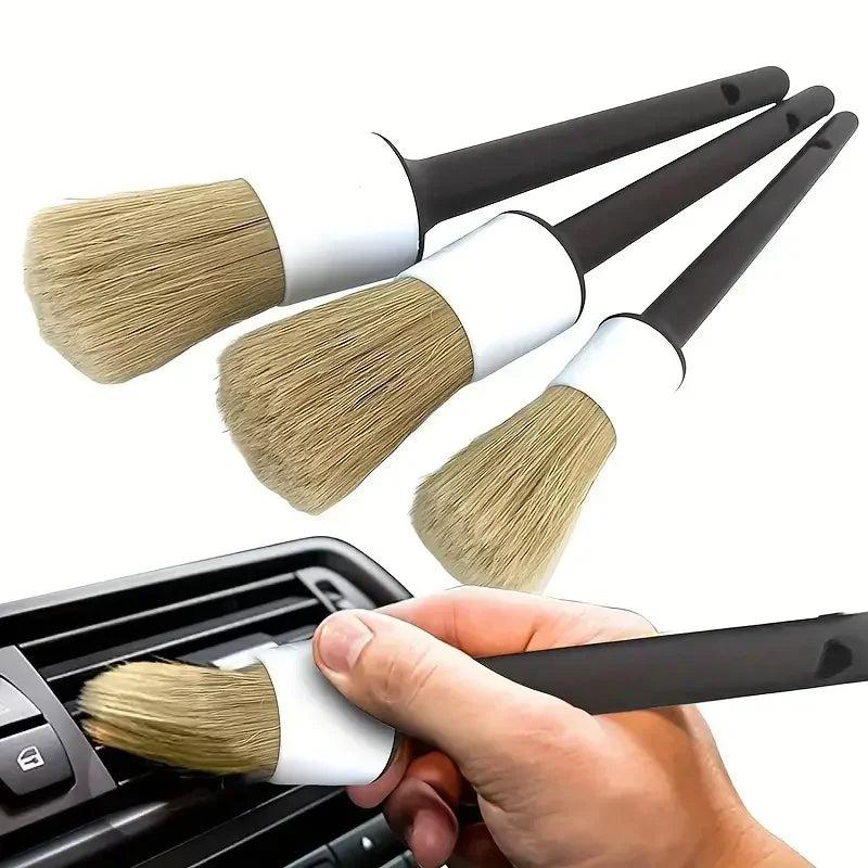 3 pçs exterior do carro detalhe interior escova de cerdas de cabelo de javali para limpeza do carro ferramentas detalhe automático escova de limpeza do painel