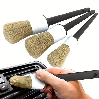 3 pçs exterior do carro detalhe interior escova de cerdas de cabelo de javali para limpeza do carro ferramentas detalhe automático escova de limpeza do painel