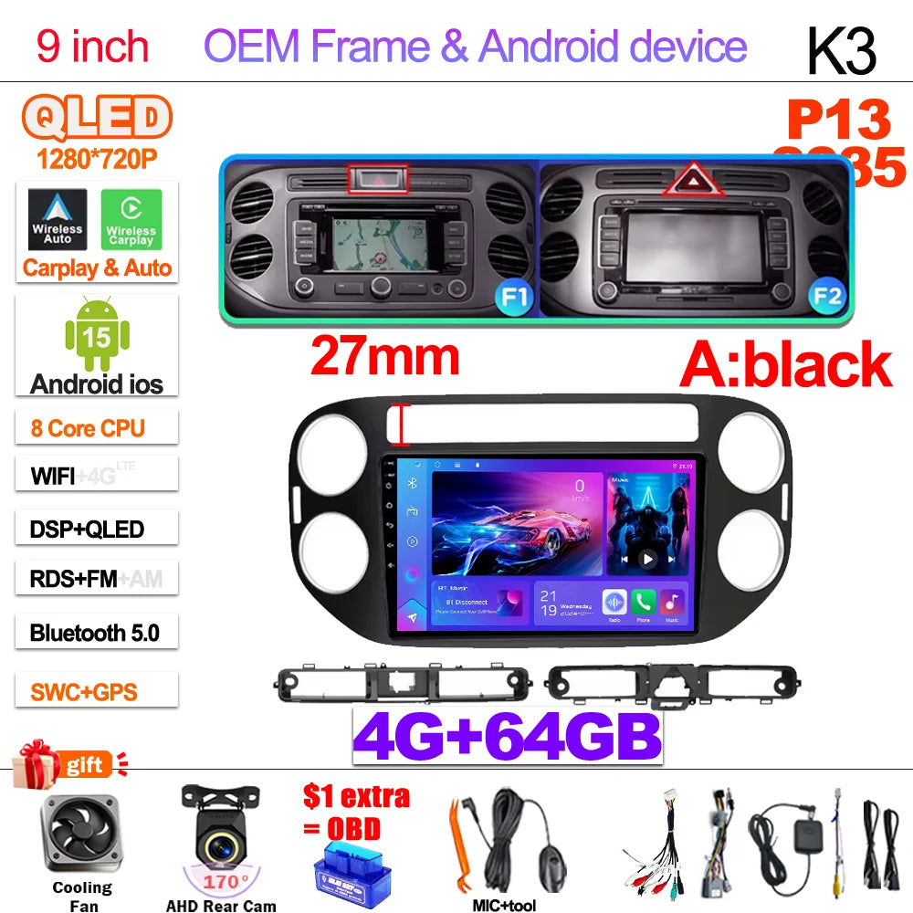 Android 15 For VW Volkswagen Tiguan 1 NF 2006 2008-2012 2013 2014 2015 2016 Carplay 2K Screen Car Radio Multimedia Player Stereo