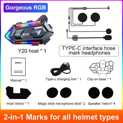 Fone de Ouvido para Capacete de Motocicleta Y20 BT5.3 Sem Fio 400mAh com Redução de Ruído, À Prova D'água, Chamada Mãos-Livres e Luz RGB