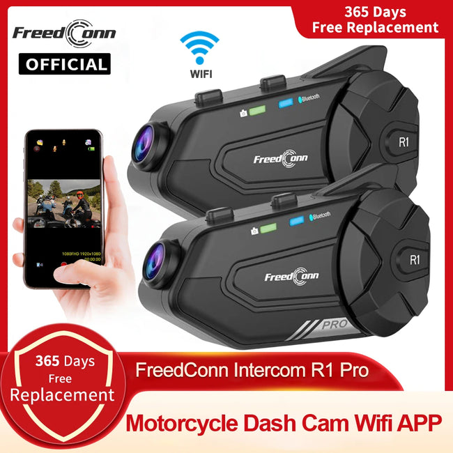 Motocicleta interfone capacete fone de ouvido bluetooth grupo alto-falante fone wi fi app freedconn r1pro moto traço cam moto auto dvr