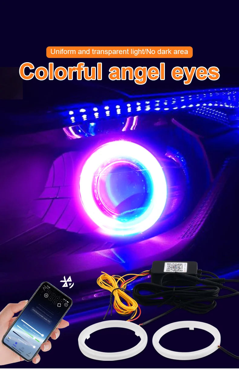 2PCS RGB Angel Eyes Halo Rings Lights with Turn Signal Lights APP Bluetooth LED Motorcycle Retrofit DRL Car Headlight 12V 24V