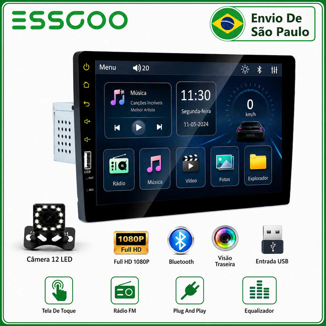 ESSGOO Rádio Estéreo Automotivo MP5 de 9 Polegadas 1 DIN com Bluetooth, Espelho Link, Receptor FM e Reprodutor Multimídia