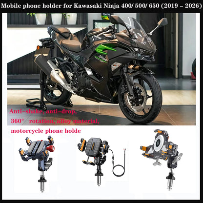 Suporte para celular para Kawasaki Ninja 400/500/650 2019–2026 em alumínio com absorção de choque 360 °   Suporte de Navegação Metálico Ajustável