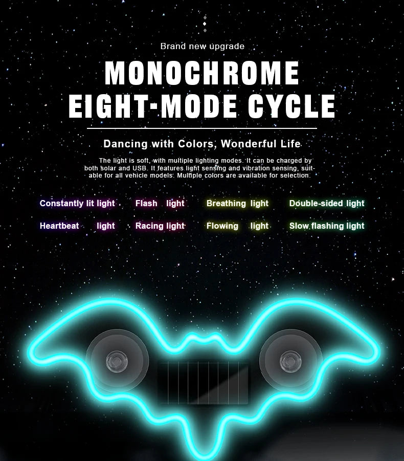 Luz Atmosférica Solar Universal em Forma de Morcego, LED Dinâmico com Gradiente, Acessório de Decoração para Interior de Carro RGB