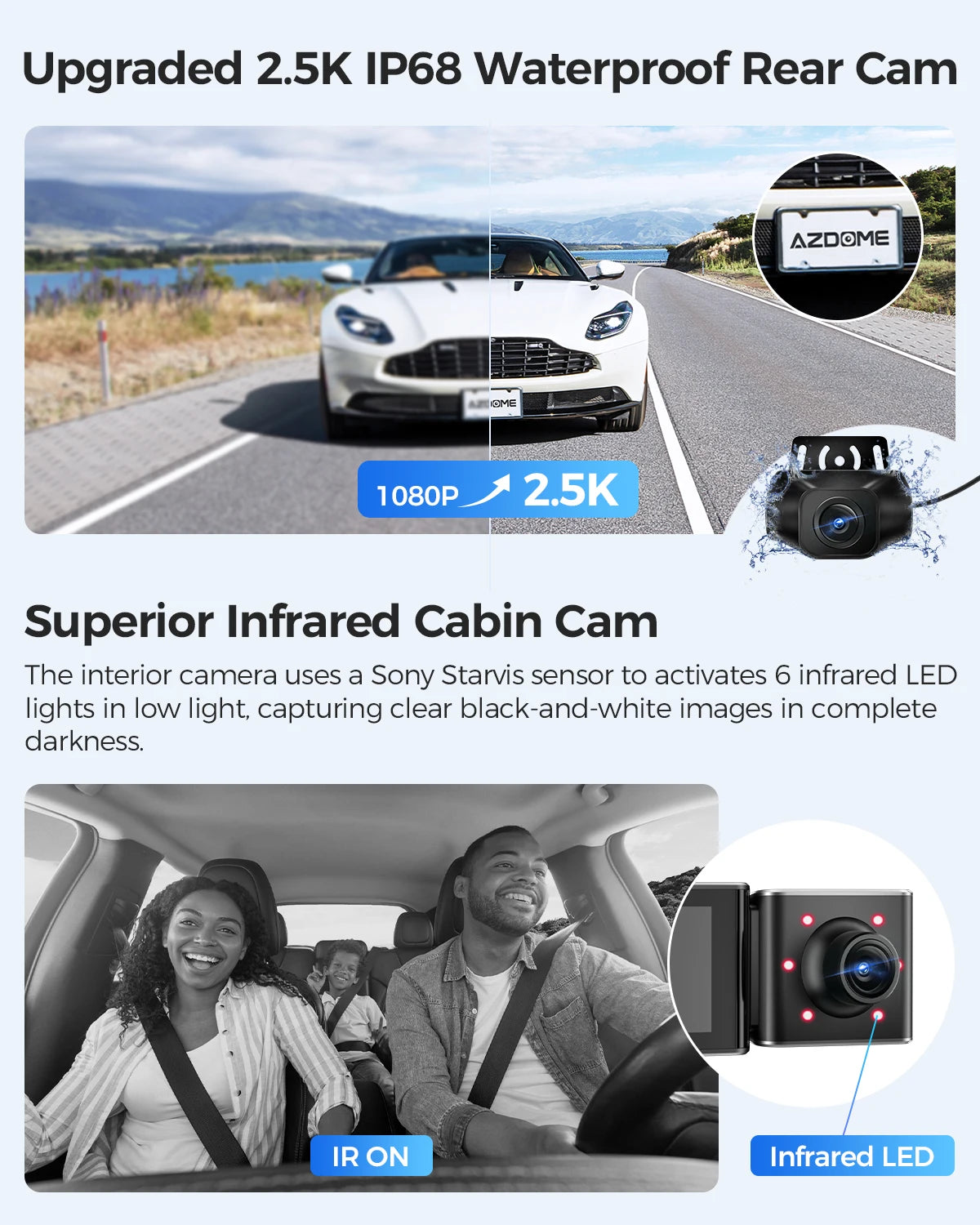 AZDOME M550 3 Channel Dash Cam 2.5K+1080P+2.5K WDR Car Dash Camera 3.19" IPS Screen Car DVR Built-in WiFi GPS IR Night Vision