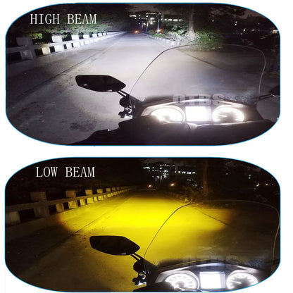 Par 100w farol da motocicleta luzes de nevoeiro led auxiliar luz condução farol dupla cor pisca farol moto nevoeiro lâmpada.