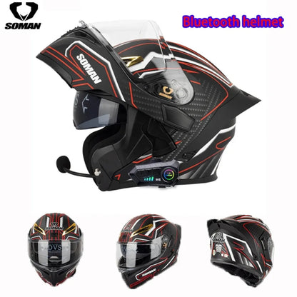 Soman flip up capacete da motocicleta rosto cheio dot capacete da motocicleta lente de viseira dupla corrida casco moto capacete bluetooth