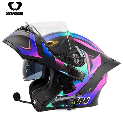 Soman flip up capacete da motocicleta rosto cheio dot capacete da motocicleta lente de viseira dupla corrida casco moto capacete bluetooth