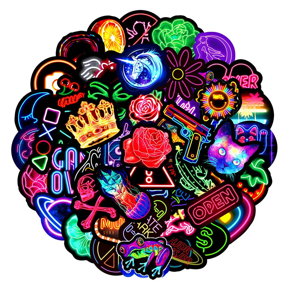 50/100pcs Neon Light Stickers for Skateboard Laptop Luggage Phone Case Car Motorcycle Bike Cool Waterproof Decals Sticker Kids