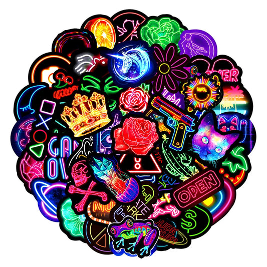 50/100pcs Neon Light Stickers for Skateboard Laptop Luggage Phone Case Car Motorcycle Bike Cool Waterproof Decals Sticker Kids