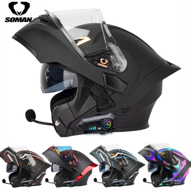 Soman flip up capacete da motocicleta rosto cheio dot capacete da motocicleta lente de viseira dupla corrida casco moto capacete bluetooth