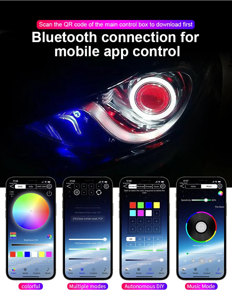 2PCS RGB Angel Eyes Halo Rings Lights with Turn Signal Lights APP Bluetooth LED Motorcycle Retrofit DRL Car Headlight 12V 24V